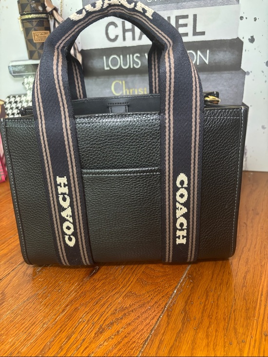 Coach Handbags - Coach Cargo Tote 20 Black Pebbled Leather Logo Web Strap Tote CSH14